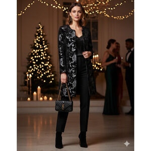 Statement Black Open Front Velvet Jacquard floral boho whimsigoth long jacket-4